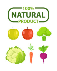 Vegetable and fruit natural product, apple and green, cabbage and carrot, beet or radish, poster with organic food, sticker of 100 percent guarantee vector