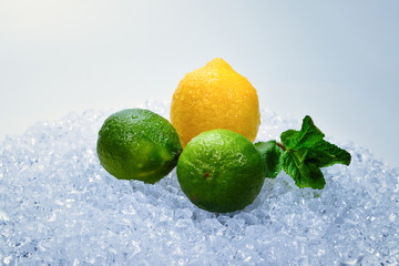 Lemon, lime and mint on ice.