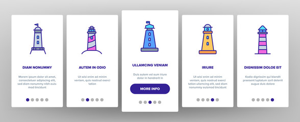 Lighthouse, Sea Beacon Linear Vector Onboarding Mobile App Page Screen. Lighthouse, Signal Light House Thin Line Contour Symbols Pack. Sailor Safety Warning Pictograms Collection. Illustrations