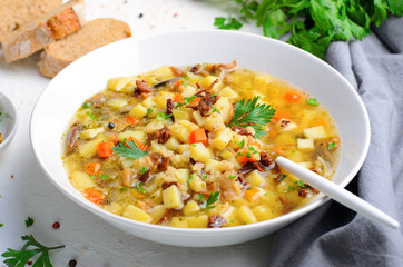 Vegetable Mushroom Soup on Bright Background