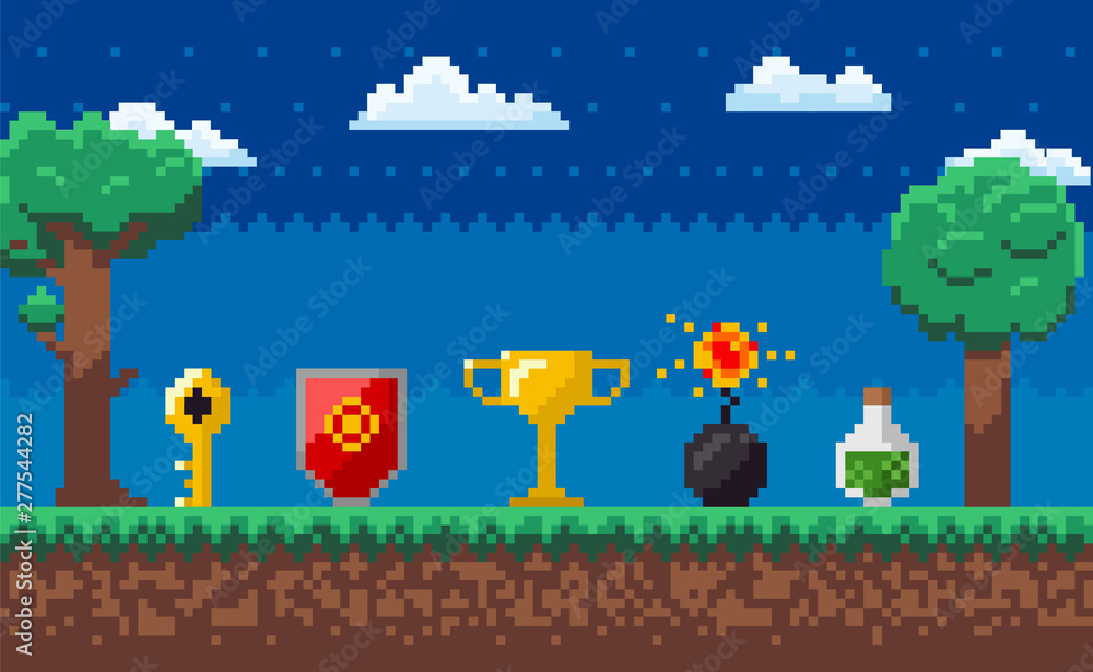 Poster interface of pixel game with power symbols, key and cup, bomb and flask on ground, cloudy sky at nig