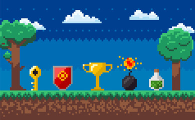 Interface of pixel game with power symbols, key and cup, bomb and flask on ground, cloudy sky at night, trees decorations, award sign, screen vector. Pixelated 8 bit objects for mobile app game