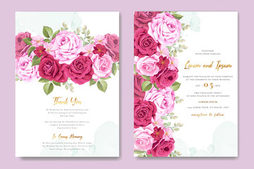 Fototapeta na wymiar beautiful wedding invitation card with maroon and pink roses template