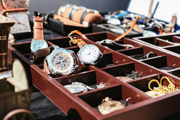 Assortiment of vintage wrist watches at a flea market