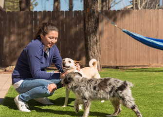 Woman petting two dogs in a back yard