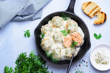 Salmon Balls with Creamy Sauce in a Skillet, Tasty Fish Balls