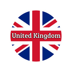 Round button Icon of national flag of United Kingdom of Great Britain. Union Jack on the white background with inscription for logo, banner, t-shirt print.