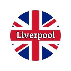 Round button Icon of national flag of United Kingdom of Great Britain. Union Jack on the white background with lettering of city name Liverpool. Inscription for logo, banner, t-shirt print.