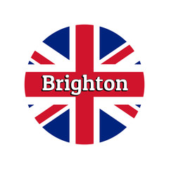 Round button Icon of national flag of United Kingdom of Great Britain. Union Jack on the white background with lettering of city name Brighton. Inscription for logo, banner, t-shirt print.