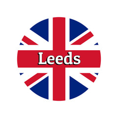 Round button Icon of national flag of United Kingdom of Great Britain. Union Jack on the white background with lettering of city name Leeds. Inscription for logo, banner, t-shirt print.
