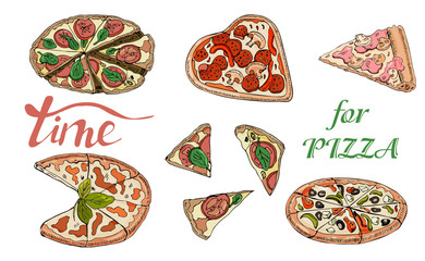 Collection of type of pizza. Hand drawn ink and colored sketch. Pepperoni, Margarita,  Mushroom.  Perfect for leaflets, cards, posters, prints, menu, booklets, labels.