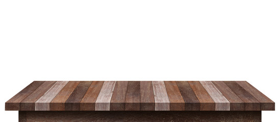 Empty wooden tabletop isolated on white background. For your product placement or montage with focus to the table top in the foreground. Empty rustic wooden shelf. shelves