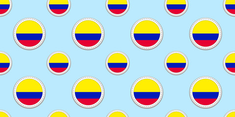 Colombia round flag seamless pattern. Colombian background. Vector circle icons. Geometric symbols. Texture for sports pages, competition, games. travelling, design elements. patriotic wallpaper.