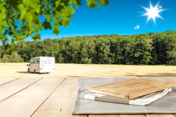 Desk of free space for your decoration and summer background of garden 