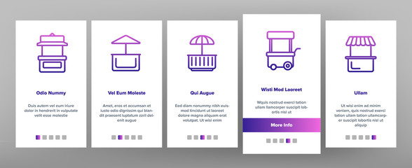 Kiosk, Market Stalls Types Vector Onboarding Mobile App Page Screen. Kiosk Facade Shop, Store Symbols Pack. Exterior Pictograms. Isolated Building Signs. Ice Cream, Street Food Truck Illustrations