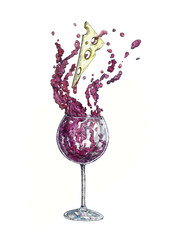 A glass of red wine and cheese with  splash, hand painted watercolor with ink drawing illustration