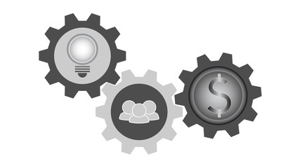 flat icon illustration vector of three symbols in gears, light bulb idea, doing teamwork, money coin, gray scale color