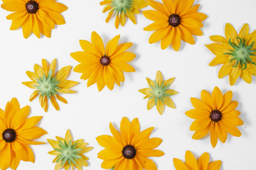 Flowers composition. Pattern made of yellow flowers on white background. Summer and autumn concept. Flat lay, top view, copy space