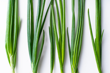 Flatlay with fresh green chives on white background