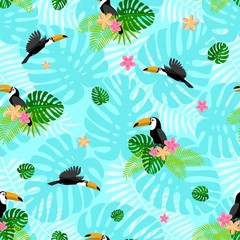 Obraz na płótnie Canvas Toucan tropical flower pattern. Flat illustration of toucan tropical flower vector pattern for web design
