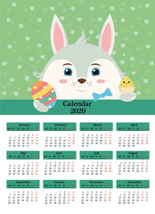 Calendar for 2020 with Easter Bunny with egg and chicken. Vector graphics.