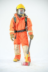 Firefighter holding axe with orange uniform on white background