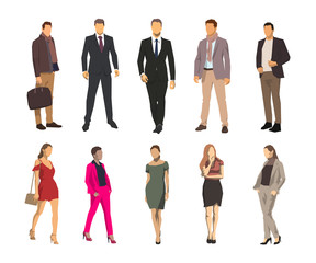 Business men and women, group of business people. Set of geometric flat design vector illustrations