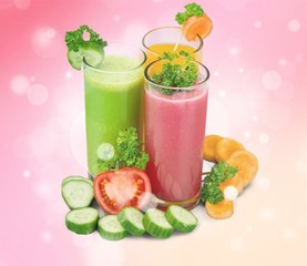 Healthy  vegetable juices on background