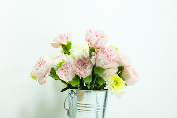 Beautiful carnation flowers in vase on background