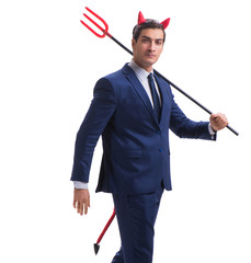 Evil devil businessman with pitchfork isolated on white backgrou