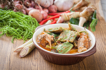 Sour soup with prawn and omelette ,Thai traditional food