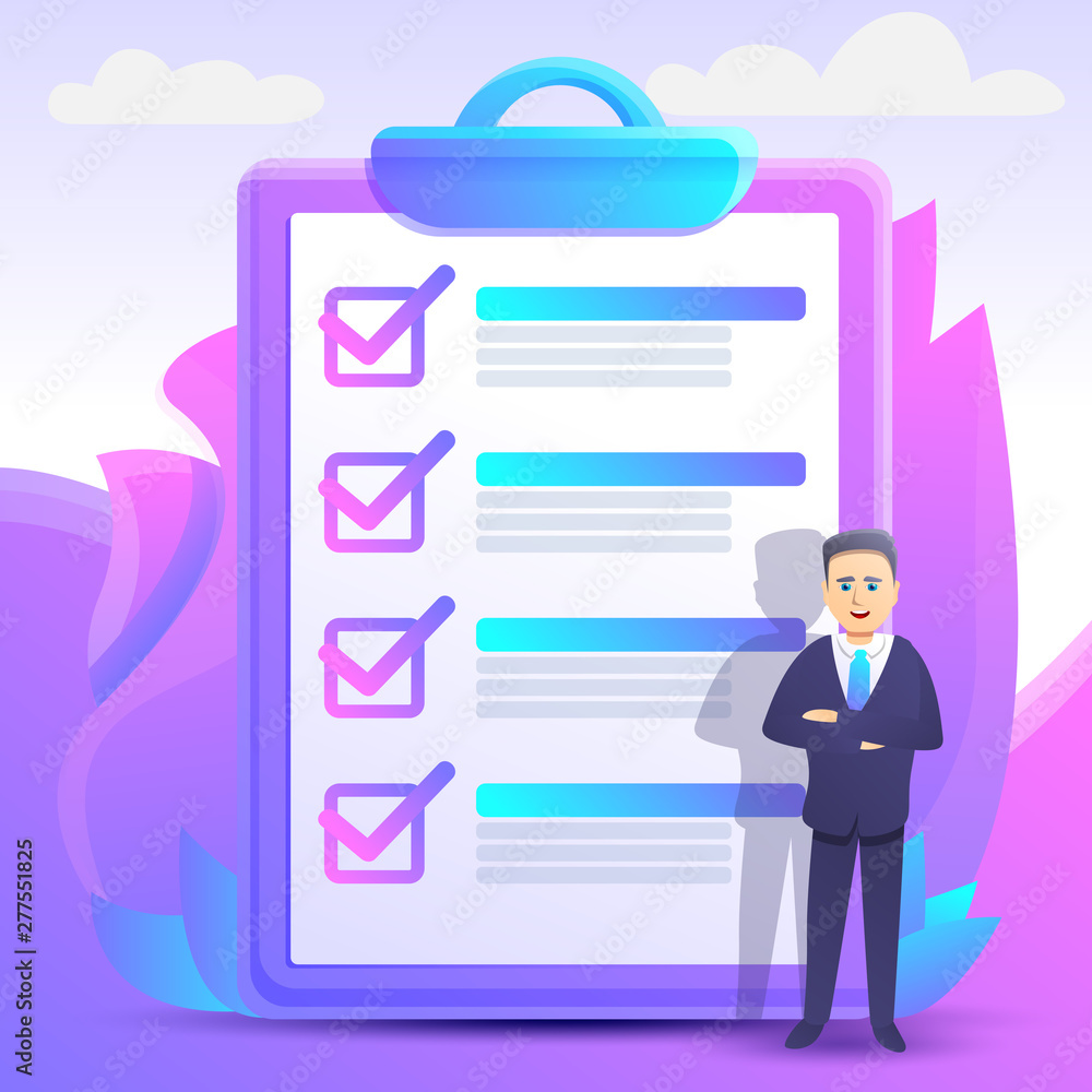 Poster checklist concept background. cartoon illustration of checklist vector concept background for web de