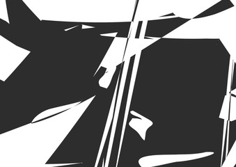 Black and white abstract shapes, dark background.