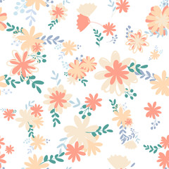 Beautiful pattern with simple foolproof flower botanical. Wild botanical garden bloom. Flower background. Spring floral surface pattern. Leaves illustration.