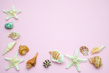 Obraz premium Shells and starfishes on pink background. Copy space for your text.Summer holiday concept..
