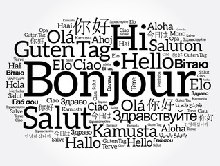 Obraz premium Bonjour (Hello Greeting in French) word cloud in different languages of the world