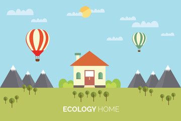 Concept of eco friendly alternative energy. House with solar panel and wind turbines. Vector illustration.