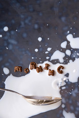 The word morning is written with chocolate cornflakes for a quick breakfast with milk on a gray background with levitation