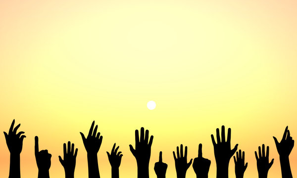 hands silhouette in front of orange sky - Illustration