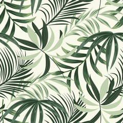 Fototapeta na wymiar Trending bright seamless background with colorful tropical leaves and plants on light background. Vector design. Jungle print. Floral background. Printing and textiles. Exotic tropics. Fresh design.