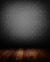 dark interior room with baroque wallpaper