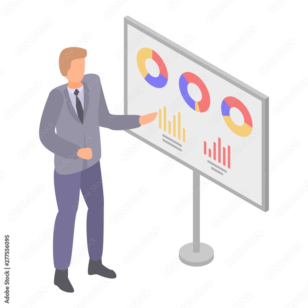 Poster man show graph chart icon. isometric of man show graph chart vector icon for web design isolated on 