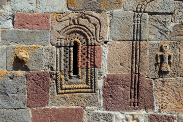 Detail from facade of Gergeti Trinity Church in Georgia