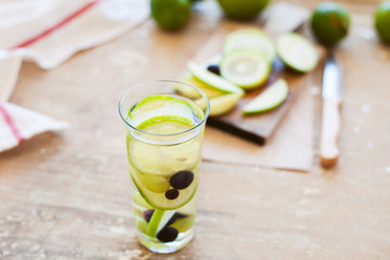 Detox Water Infused with Sliced Lemon, Cucumber and Sprigs of Mint. Copy Space on the Right.
