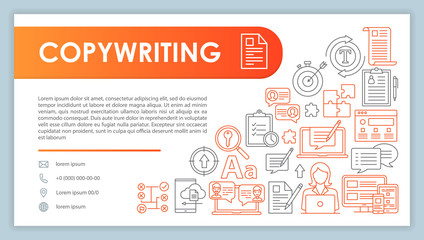 Obraz premium Copywriting banner, business card vector template. Content marketing. Company contact with phone, email line icons. SMM, contextual advertising. Presentation, web page idea. Corporate print layout