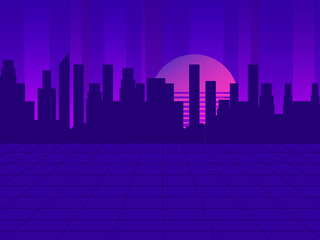 Retro futuristic city in the style of the 80s. Cyberpunk and retro wave style. Cityscape of the future megapolis against the backdrop of the sunset. Vector illustration