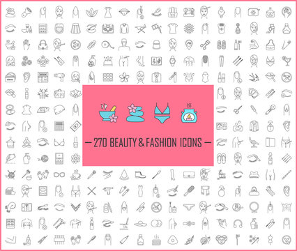 Beauty and fashion industry linear icons big set. Thin line contour symbols. Cosmetics, plastic surgery, spa, manicure, clothes and accessories. Isolated vector outline illustrations. Editable stroke