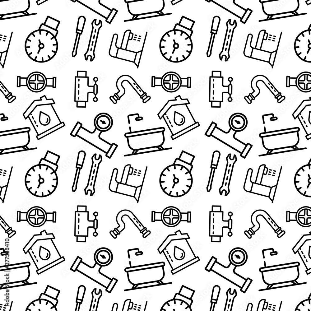 Poster plumbing tools pattern. outline illustration of plumbing tools vector pattern for web design