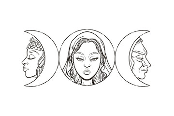 Triple goddess as Maiden, Mother and Crone, beautiful woman, symbol of moon phases. Hekate, mythology, wicca, witchcraft. Vector illustration