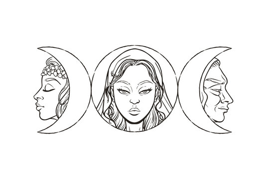 Triple goddess as Maiden, Mother and Crone, beautiful woman, symbol of moon phases. Hekate, mythology, wicca, witchcraft. Vector illustration